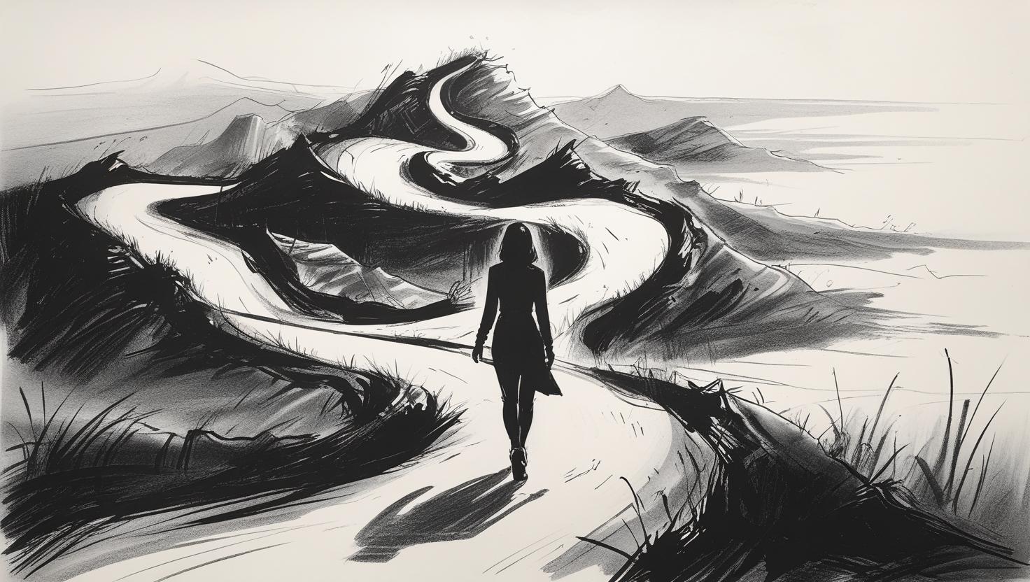Black and White Sketch of a Woman Walking in a Mountainous Area