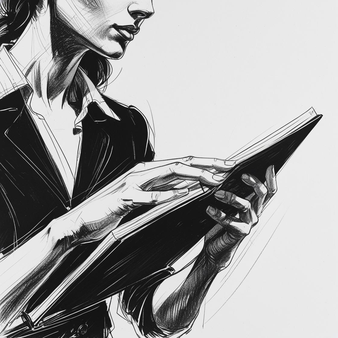 A Black and White Sketch of a Woman Reading