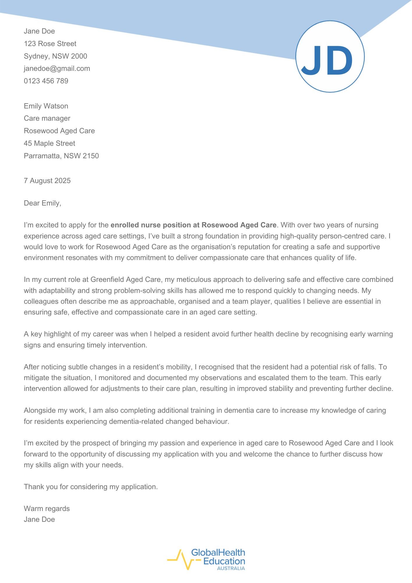 Enrolled Nurse Cover Letter