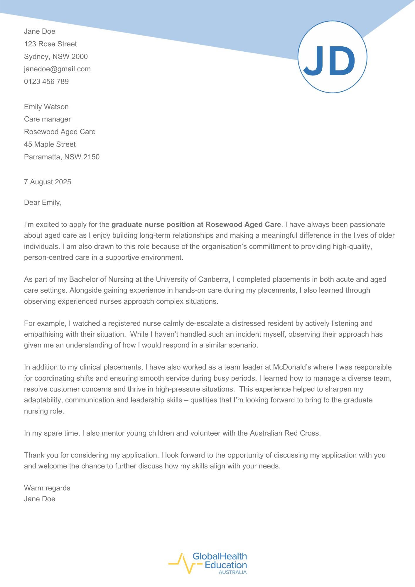 Graduate Nurse Cover Letter