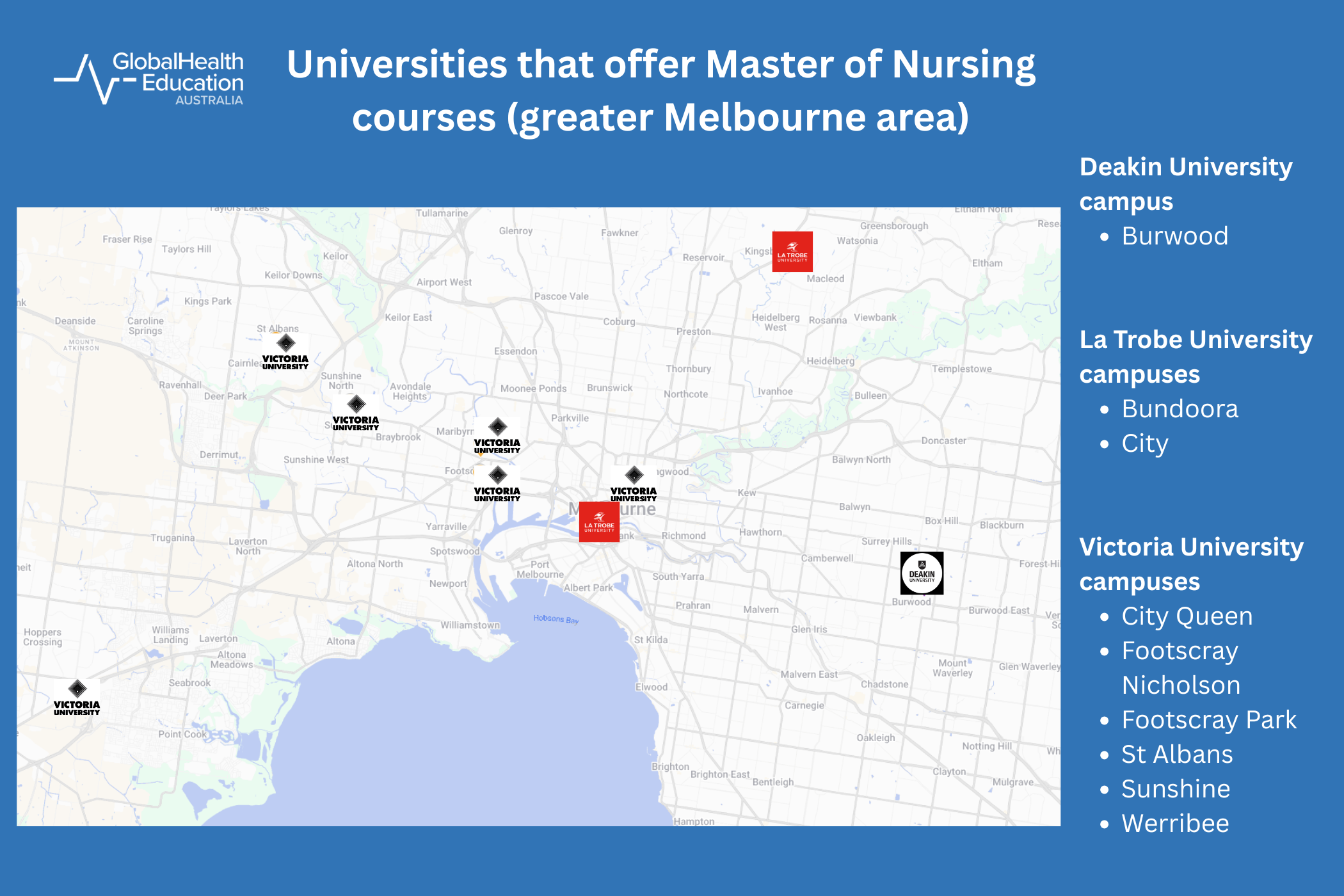 Map of Master of Nursing Courses in Melbourne