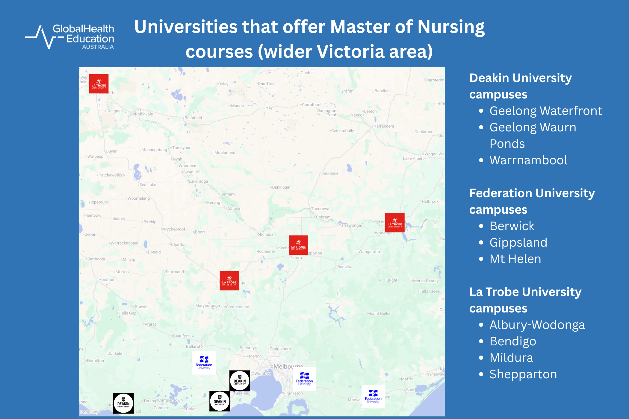 Map of Universities in Victoria Offering Master of Nursing Courses